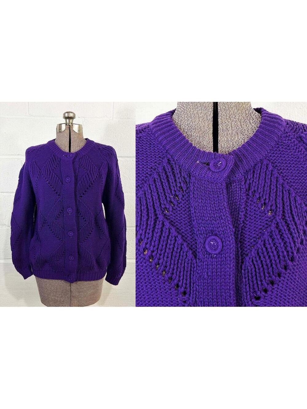 Purple Cable Knit Cardigan   1960s Acrylic Sweater L/XL